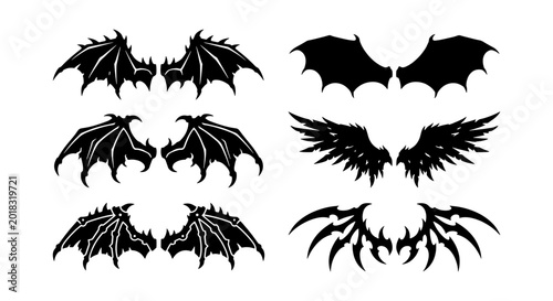 Принти на полотні Dark Fantasy Wings Vector Set, Gothic Angel Demon Bat Styles, Silhouette Graphic