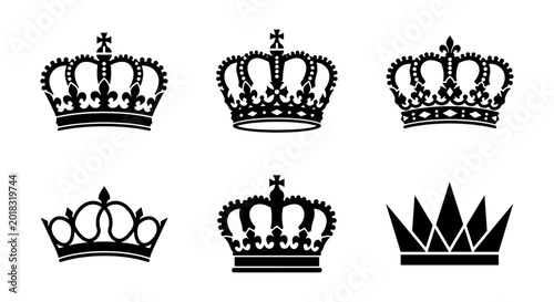 Schilderij op canvas Royal Crown Icons Set, Regal Emblem Vector Graphics, Majestic Symbol Collection,