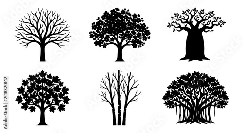 Fotografie Diverse Tree Silhouettes Collection, Six Black Vector Illustrations of Various T
