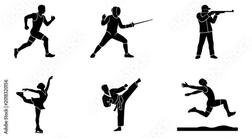 Tableau sur toile Diverse Sports Silhouettes: Runner, Fencer, Shooter, Ice Skater, Karateka, Long