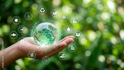 Global Environmental Stewardship Hand holding a glowing Earth globe encircled by interconnected icons symbolizing sustainability, renewable energy, and ecological preservation for a healthier planet
