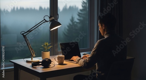静かな薄明かりの窓辺でデスクランプが優しく照らす中男性がPC作業に集中し生産的に働く様子. AI Generated