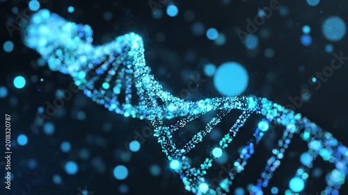 Cinematic 3D animation of glowing blue DNA double helix strand rotating on a dark background with floating particles.