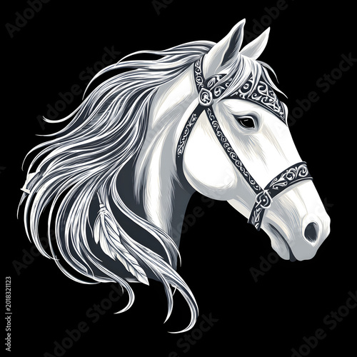 White engraving style horse head with tribal details in a dark background showcasing art