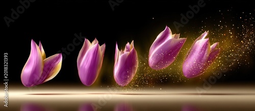 Blooming tulips in sequence with golden dust, against a dark background