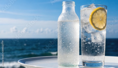 Chilled lemon beverage and frosted bottle resting near the blue ocean horizon