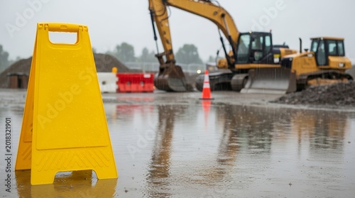 Caution wet floor sign on construction site with heavy machinery