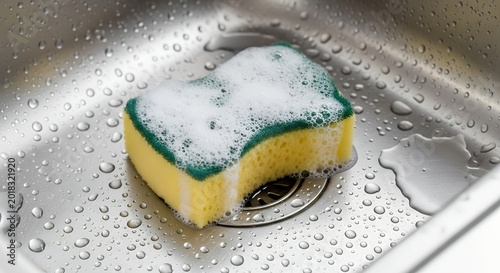 Yellow sponge with soap bubbles in stainless steel kitchen sink