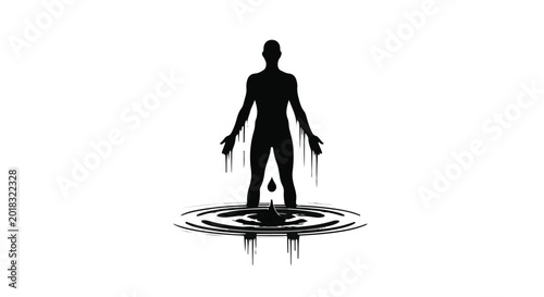 Silhouette of a person dissolving into a pool of water with dripping effect