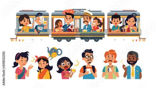 Photos Train Journey Mishaps: A comedic scene depicting a vintage train filled with passengers experiencing various comical travel woes, while others on the platform react to the unfolding, amusing chaos