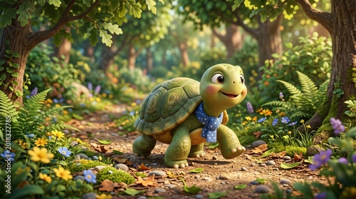 Cute Baby Turtle Walking In Sunny Forest Nature Scene
