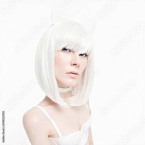 High fashion beauty portrait of elegant girl in white outfit on plain background