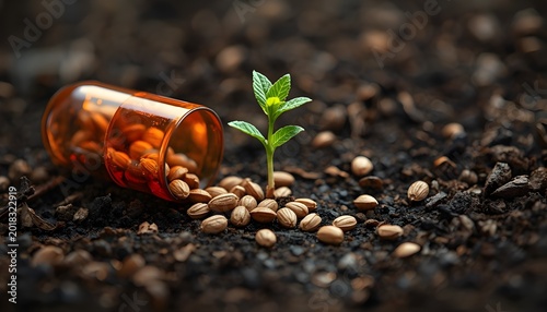A small green plant grows from the soil next to a spilled orange pill bottle filled with brown pills