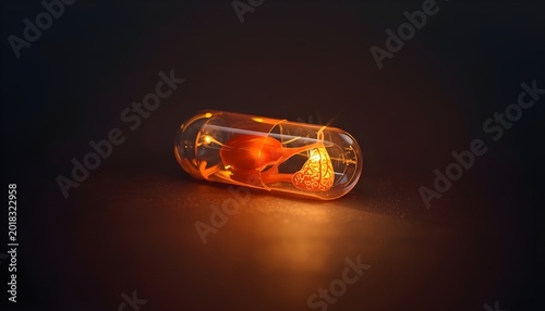 A glowing orange capsule with a lightbulb inside on a dark background