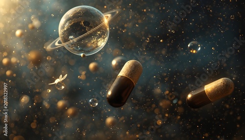 A surreal depiction of pills floating in space with a planet and stars in the background