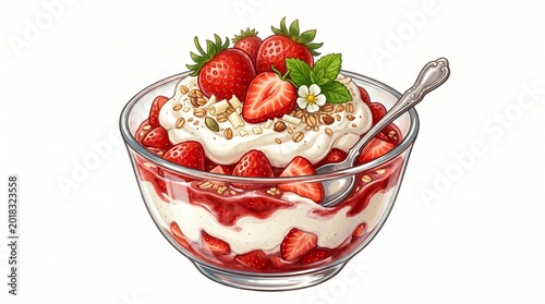 Fresh Strawberry Dessert Bowl With Cream And Mint Leaves
