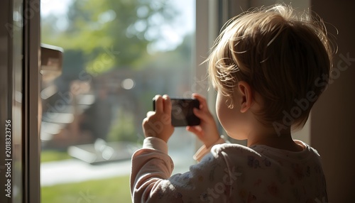 A young child taking a photo with a smartphone through a window on a sunny day