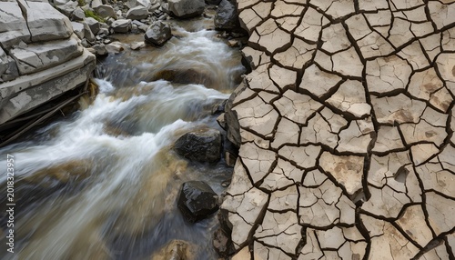 A stream flows through a rocky landscape with dry cracked earth on one side