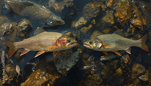 A close-up underwater view of two fish facing each other in a rocky aquatic environment.