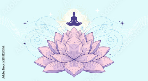 Tableau sur toile Serene illustration of a meditating figure atop a blooming lotus flower, symbolizing peace, mindfulness, and spiritual awakening