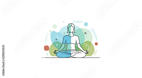 Fotografi A woman in a meditative pose, symbolizing inner peace and mindfulness, surrounded by abstract colorful shapes and lines