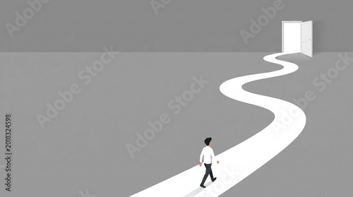目標や未来に向かって歩く男性をイメージしたイラスト　生成AI素材　灰色の背景