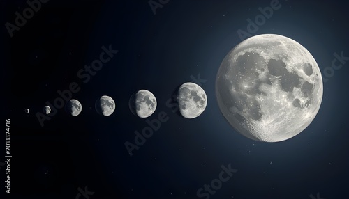 A stunning visual representation of the lunar cycle, showcasing the moon's phases in a deep black space background
