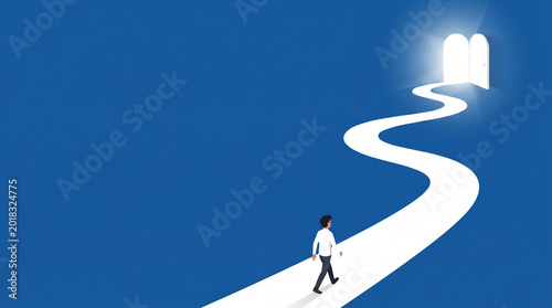 目標や未来に向かって歩く男性をイメージしたイラスト　生成AI素材　青色の背景