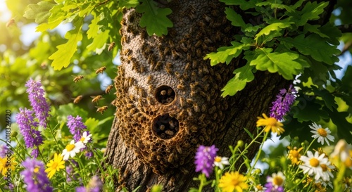 Honey bee swarm colony living inside a tree trunk hollow. Natural habitat of bees in a wild forest ecosystem. Beekeeping and entomology environment in a summer blooming nature landscape.