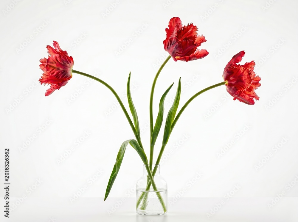 Obraz premium Red parrot tulips in glass vase isolated PNG on transparent background, three vibrant fringed flowers for botanical decoration and floral design