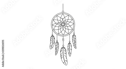 Dreamcatcher with Feathers, Native American Symbol, Boho Style, Black and White Line Art