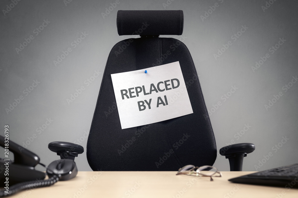 Naklejka premium Empty office chair with replaced by ai sign business concept for artificial intelligence replacing people in the workforce