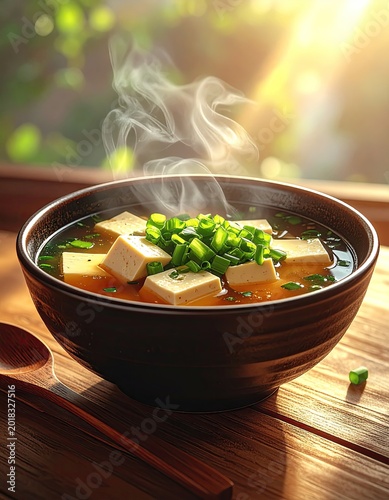 Steaming bowl of miso soup with tofu and green onions, sunlit wood table