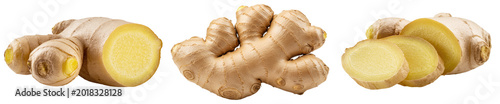 Fotografía Whole and sliced fresh ginger root isolated on transparent background