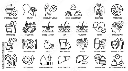 Set of line art icons representing gut health and digestive system wellness.