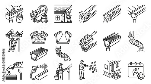 Set of roof gutter cleaning and maintenance icons.