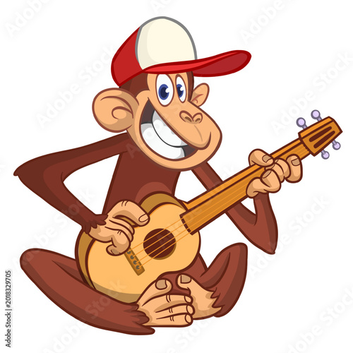 Photography Cartoon funny brown monkey chimpanzee sitting and playing  electric guitar or ukulele