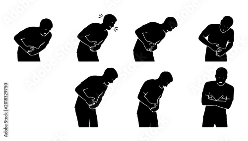 Canvastavla Abdominal Pain Icons Set, Stomach Ache Silhouettes, Digestive Discomfort Poses,