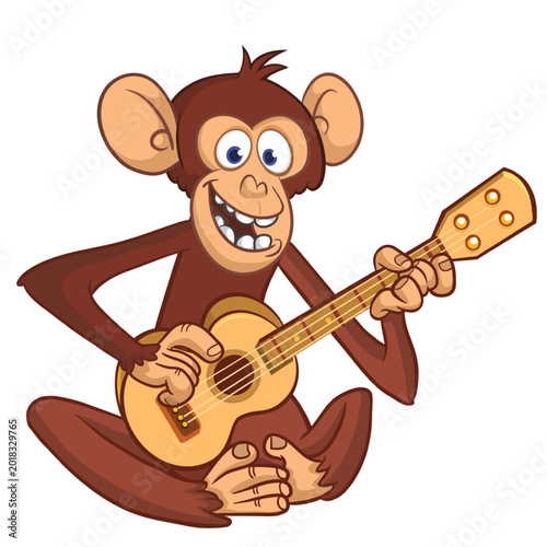 Canvas Print Cartoon funny brown monkey chimpanzee sitting and playing  electric guitar or ukulele