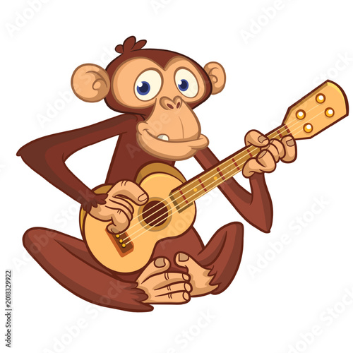 Photography Cartoon funny brown monkey chimpanzee sitting and playing  electric guitar or ukulele