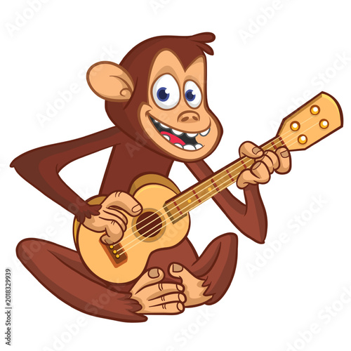 Photography Cartoon funny brown monkey chimpanzee sitting and playing  electric guitar or ukulele
