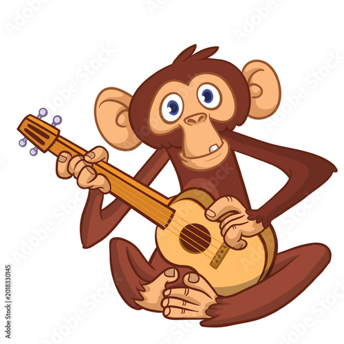Photography Cartoon funny brown monkey chimpanzee sitting and playing  electric guitar or ukulele