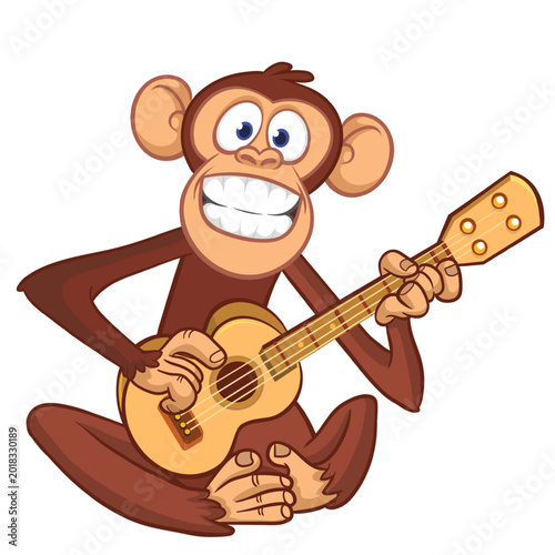 Photography Cartoon funny brown monkey chimpanzee sitting and playing  electric guitar or ukulele