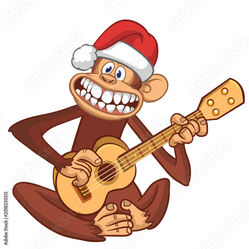 Canvas Print Cartoon funny brown monkey chimpanzee sitting and playing  electric guitar or ukulele wearing Santa Hat
