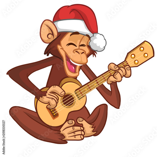 Photography Cartoon funny brown monkey chimpanzee sitting and playing  electric guitar or ukulele wearing Santa Hat