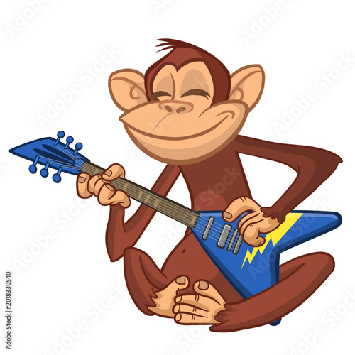 Photography Cartoon funny brown monkey chimpanzee sitting and playing  electric guitar or ukulele