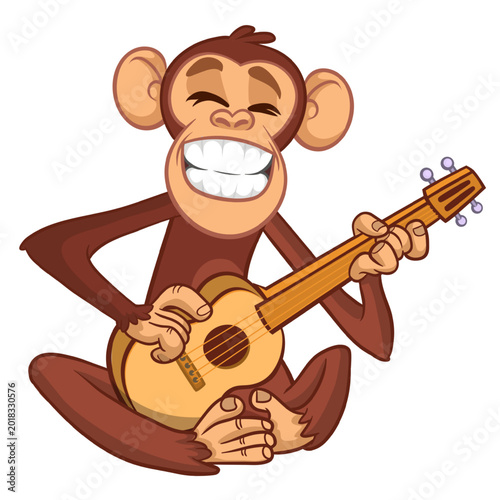 Photography Cartoon funny brown monkey chimpanzee sitting and playing  electric guitar or ukulele