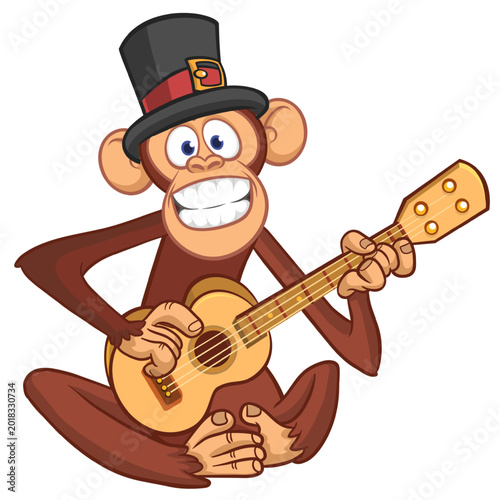 Photography Cartoon funny brown monkey chimpanzee sitting and playing  electric guitar or ukulele wearing top hat