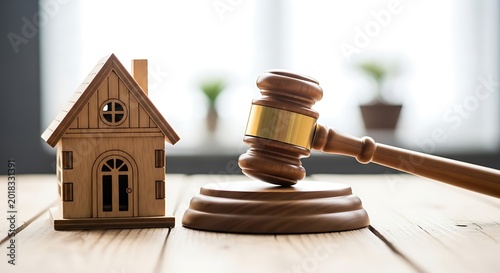 Wooden gavel and miniature house on a rustic table, symbolizing property auction or legal decisions.