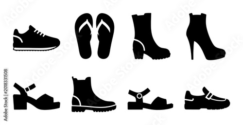Tableau sur toile Diverse Footwear Collection, Shoe Icons Set, Fashion Styles, Vector Graphics for